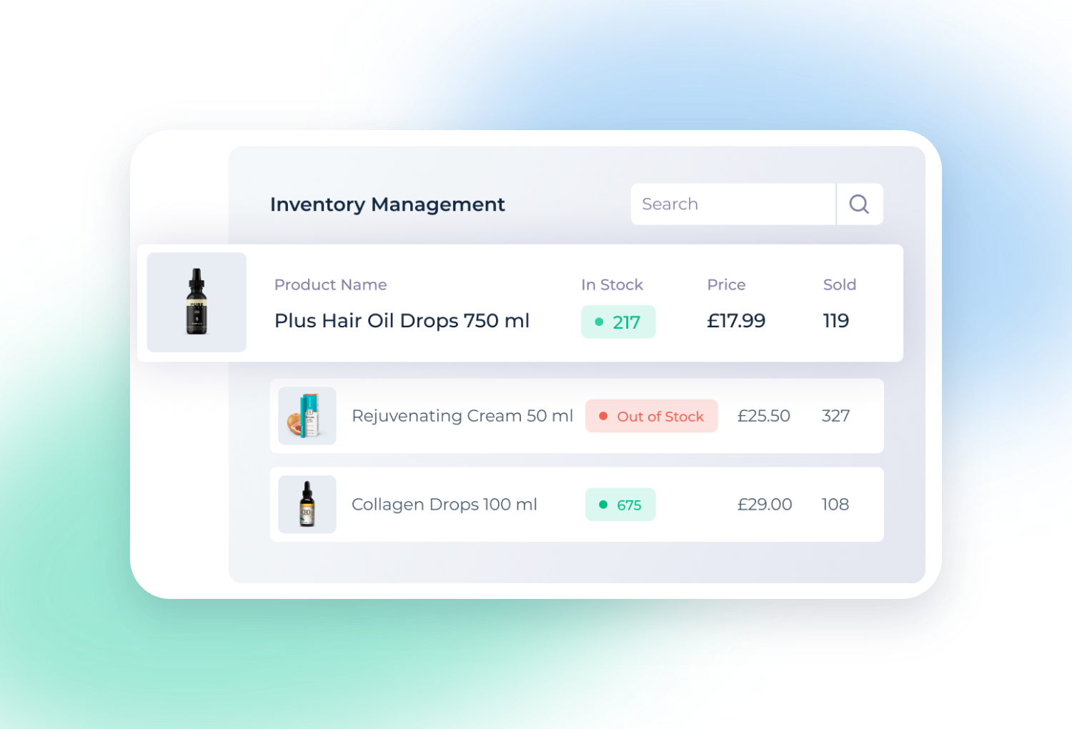 Fena inventory management dashboard showing live stock levels
